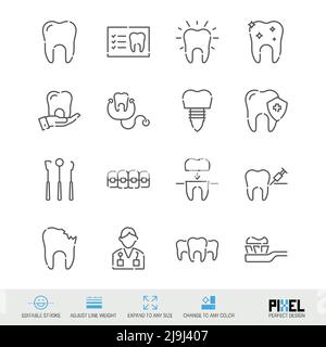 Dentistry and dental care related vector line icon set isolated on white. Pixel perfect design. Editable stroke. Adjust line weight. Expand to any siz Stock Vector