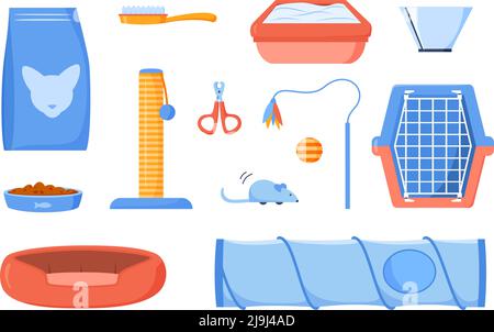 Cat supplies and accessories set for domestic pets. Pet food, scratching post, toilet, comb, scissors, feather toy, mouse, carrier, collar cone and Stock Vector