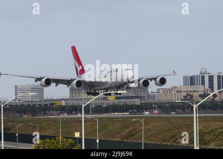 Qantas Airbus A380-842 with registration VH-OQD shown touching down at Los Angeles International Airport, LAX. Stock Photo