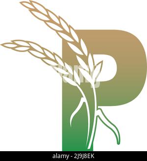 Letter P with rice plant icon illustration template vector Stock Vector