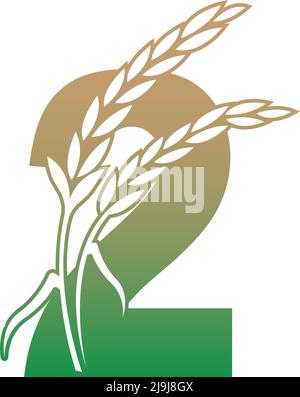 Number 2 with rice plant icon illustration template vector Stock Vector