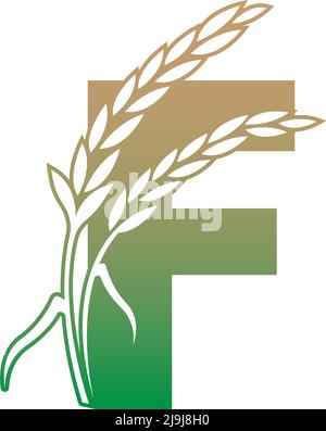 Letter F with rice plant icon illustration template vector Stock Vector