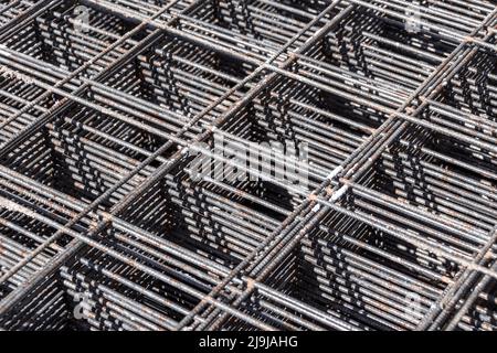 production, transportation and storage of steel products for monolithic reinforced concrete structures, selective focus Stock Photo