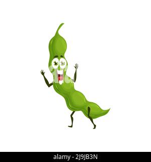 Funny cartoon green pea pod character. Comic vegetable personage, beans or pea pod. Cute veggie, organic and natural farm legume food Isolated vector sticker with happy smiling face Stock Vector