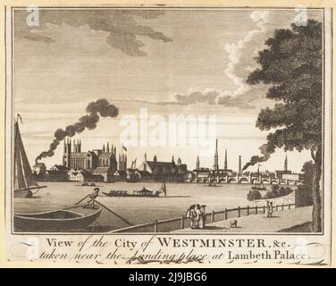 View of the city of Westminster Abbey, London, 18th century. Westminster Bridge was built in 1750 by Swiss engineer Charles Labelye. Westminster Hall, St. Margaret's Church tower, St. Martin's in the Fields spire, river boatmen, ferrymen, barge, sailboat, etc. View of the City of Westminster etc. taken near the landing place at Lambeth Palace. Copperplate engraving by John Lodge after Jefferyes Hamett O'Neale from William Thornton’s New, Complete and Universal History of the City of London, Alexander Hogg, King's Arms, No. 16 Paternoster Row, London, 1784. Stock Photo