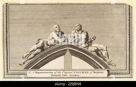 Representation of the Capital Figures of Bethlem Hospital Gate, London, 18th century. The stone pillars at the entrance gates to Bethlem Hospital in Moorfields were capped by figures of Melancholy and Raving Madness in chains carved in Portland stone by sculptor Caius Gabriel Cibber, 1680. Copperplate engraving by John Peltro from William Thornton’s New History and Survey of London, published by Alexander Hogg at the King’s Arms, Paternoster Row, London, 1784. Stock Photo