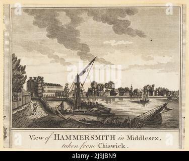 View of Hammersmith in Middlesex taken from Chiswick, 1784. A man walking along a tow path, barge with square sail at anchor on the River Thames, St Paul's church, terraced houses and buildings on Lower Mall on the north bank, etc. Copperplate ngraving by Henry Roberts from William Thornton’s New History and Survey of London, published by Alexander Hogg at the King’s Arms, Paternoster Row, London, 1784. Stock Photo