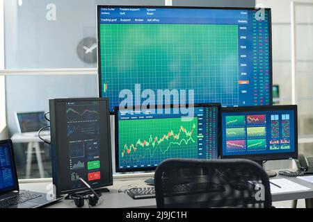Horizontal no people shot of modern investment specialists workspace with desktop computers and monitors with graphs on screens in modern office Stock Photo