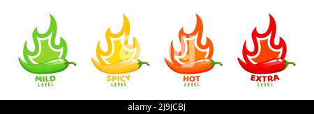 Spicy level labels with fire flames of peppers, mild, medium and extra hot vector symbols. Spicy food taste level or scale icons with burning flame of chili pepper, jalapeno or Tabasco sauce Stock Vector