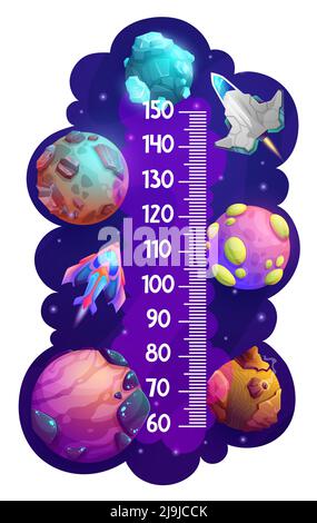 Kids height chart ruler with cartoon space planets and starship, vector measure meter. Child height scale measurement with galactic rockets and fantasy space shuttles, spaceships in galaxy Stock Vector
