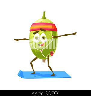 Cartoon gooseberry character on yoga or pilates fitness sport exercise. Vector ripe berry with funny smiling face in standing yoga pose, cute gooseberry with music player and headphones Stock Vector