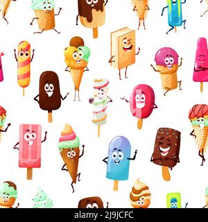 Cartoon ice cream eskimo, popsicle, waffle cone characters seamless pattern. Vector background of smiling sweet food, chocolate and vanilla scoop, stick and sandwich, fruit sorbet or gelato personages Stock Vector