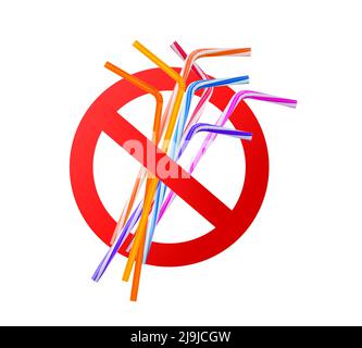 Forbidden plastic straw, vector prohibition sign. Red ban with cocktail tubes in crossed circle. Ecology protection realistic 3d design. Environment pollution, wastes and garbage recycle campaign Stock Vector