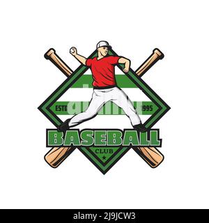 Baseball sport icon with pitcher and crossed bats, vector symbol. Baseball team tournament or softball league championship cup icon with player on diamond field Stock Vector