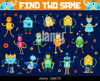 Find two same cartoon funny robots. Game worksheet, child logical puzzle, kids vector educational quiz with find same objects activity. Children riddle with vintage robots, droids retro characters Stock Vector