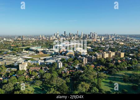 Sydney, Australia - Mar 22, 2022: Aerial view of Sydney CBD and sports stadium at early morning Stock Photo