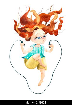 Watercolor illustration of a girl jumping on a skipping rope isolated on a white background Stock Photo