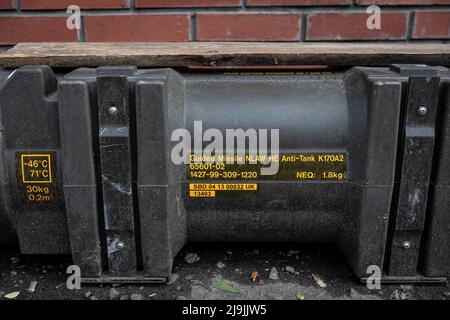 Donbas, Ukraine. 23rd May, 2022. An MBT NLAW (Next generation Light Anti-tank Weapon) box from the United Kingdom seen in an undisclosed defence position on the outskirt of the separatist region of Donetsk (Donbas) close to the Russian frontline. Donetsk(Donbas) region is under heavy attack, as Ukraine and Russian forces contest the area, amid the Russian full invasion of Ukraine started on February 24, the war that has killed numerous civilians and soldiers. Credit: SOPA Images Limited/Alamy Live News Stock Photo