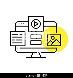 Creating different types of media content such as text, video and image. Pixel perfect, editable stroke line art icon Stock Vector