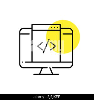 Html web page coding on computer monitor. Pixel perfect, editable stroke line art icon Stock Vector