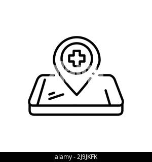 Hospital or other healthcare provider location app. Map pointer on an isometric smartphone. Pixel perfect, editable stroke line icon Stock Vector