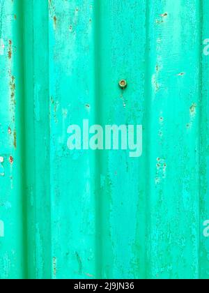 Turquoise painted metal wall with corrosion. Striped panels. Rusty screw. Old invoice. Backgrounds. Stock Photo