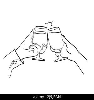 line art closeup couple with glasses of red wine having date in restaurant, making toast for love illustration vector hand drawn isolated on white bac Stock Vector