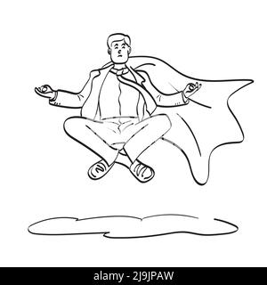 line art businessman with cape making meditation floating in the air illustration vector hand drawn isolated on white background Stock Vector
