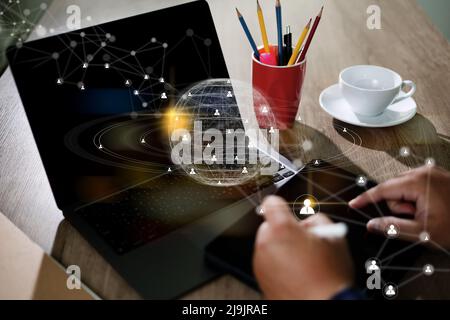Business global internet connection  Businessman using phone on application technology communication Smart city and IoT (Internet of Things) Stock Photo