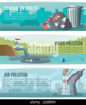Three horizontal ecology banners set about different kinds of pollution with outdoor landscapes and editable text vector illustration Stock Vector