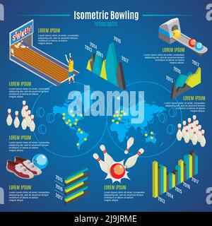 Isometric bowling infographic template with pins balls shoes player lane world map and graphs vector illustration Stock Vector