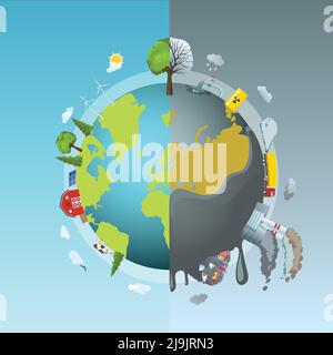 Circle ecology composition with cartoon style drawn earth globe divided into two halves clean and polluted vector illustration Stock Vector