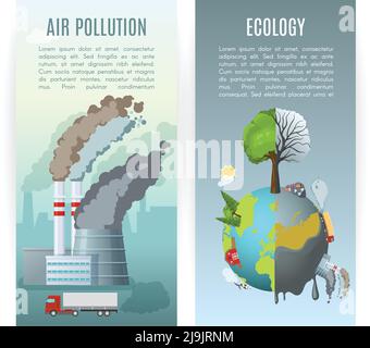 Two vertical ecology banners set with cartoon style environmental air pollution conceptual compositions with editable text vector illustration Stock Vector