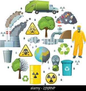 Round composition of isolated decorative elements with environmental pollution symbols infection radiation signs and biohazard suit vector illustratio Stock Vector
