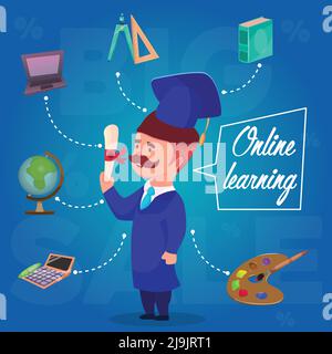 Composition with cartoon man in graduate suite cap calc globe palette symbols arrows and text bubble vector illustration Stock Vector