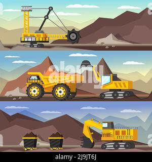Mining industry orthogonal banners set with machineries and coal in trolleys on mountain background isolated vector illustration Stock Vector