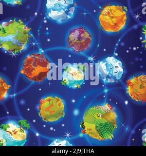 Cartoon Earth planets seamless pattern with animals and different nature landscapes on blue light spotted background vector illustration Stock Vector