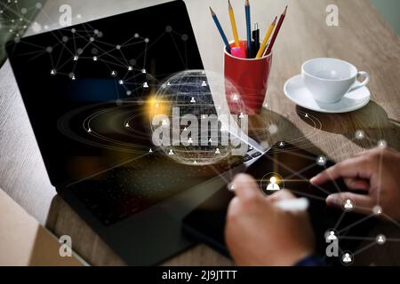 Business global internet connection  Businessman using phone on application technology communication Smart city and IoT (Internet of Things) Stock Photo