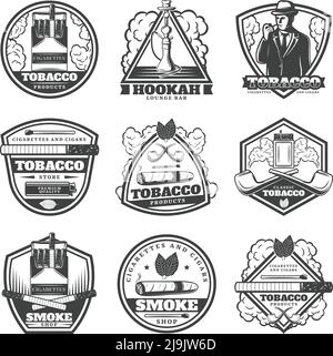 Vintage monochrome smoking labels set with man cigarettes hookah pipes matches lighter cigar tobacco leaves isolated vector illustration Stock Vector