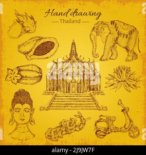 Nine isolated hand drawn thailand elements with ethnic symbols souvenirs food icon historic building and elephant vector illustration Stock Vector