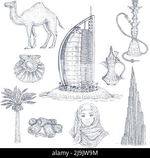 Nine isolated hand drawn style dubai decorative icons set with ethnic jars tokens woman and camel vector illustration Stock Vector