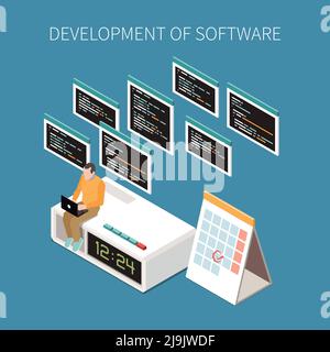 Programming operations concept with settings and service symbols isometric vector illustration Stock Vector