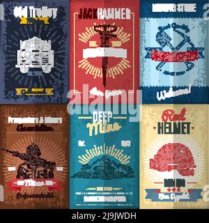 Mining industry posters collection in retro style with workers and equipment ribbons and rays isolated vector illustration Stock Vector