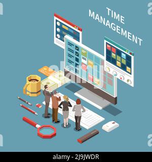 Time management concept with planning time symbols isometric vector illustration Stock Vector