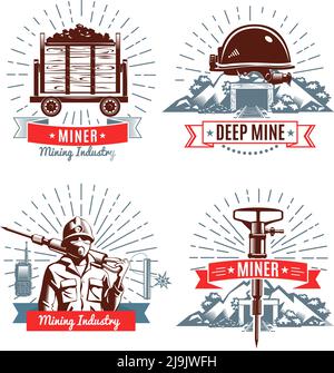Mining emblems with mountain worker and tools trolley with coal and design elements isolated vector illustration Stock Vector