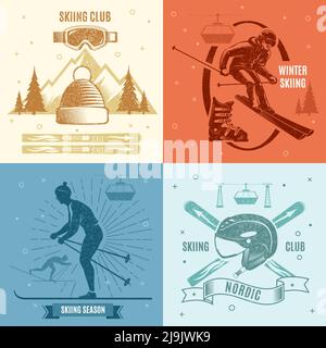 Nordic skiing retro style emblems with mountain and spruces persons and sports equipment ribbons isolated vector illustration Stock Vector