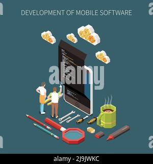 Programming development concept with mobile software symbols isometric vector illustration Stock Vector