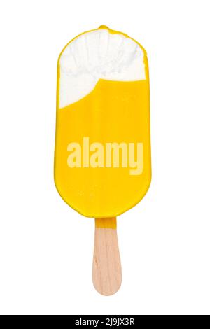 Bitten yellow ice cream bar with lemon taste on a stick Stock Photo