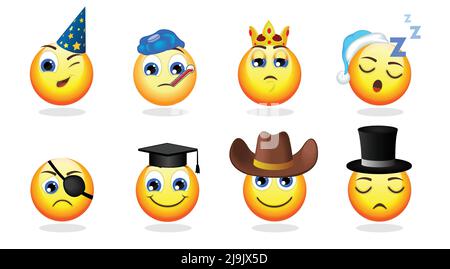 Cartoon funny emoticons set with party sleeping cowboy gentleman cylinder hats warmer crown graduation cap pirate eye patch isolated vector illustrati Stock Vector