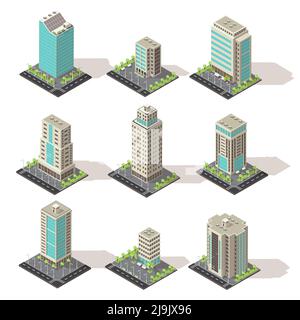 Set of isolated isometric office buildings from concrete and glass with environmental and road infrastructure vector illustration Stock Vector